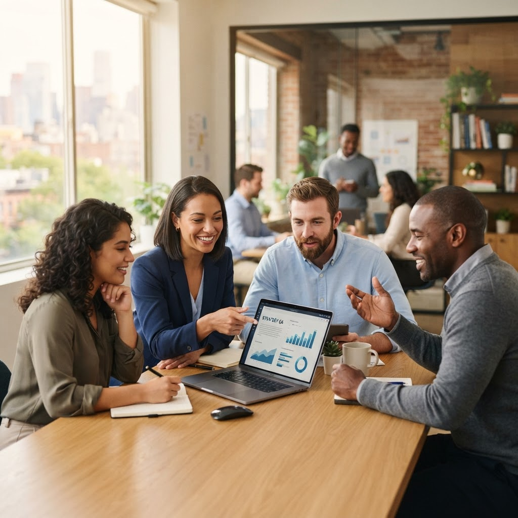 A small business team collaborating around a laptop in a bright modern office