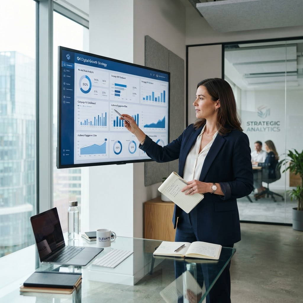 A consultant reviewing a digital strategy dashboard on a monitor